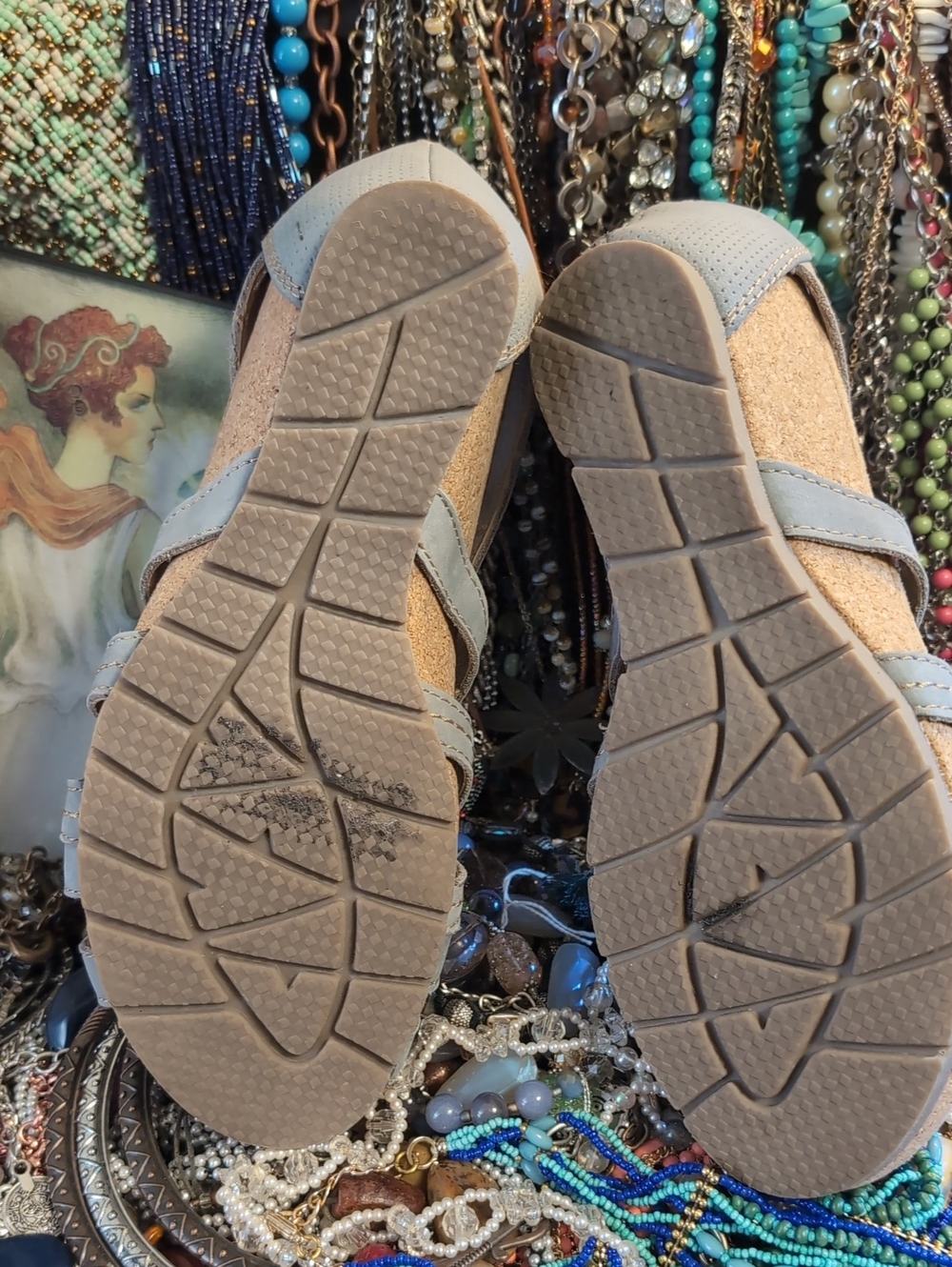 Lace-Up Leather Light Blue Gladiator Cutout Cork Wedge Sandals - Picture 11 of 12